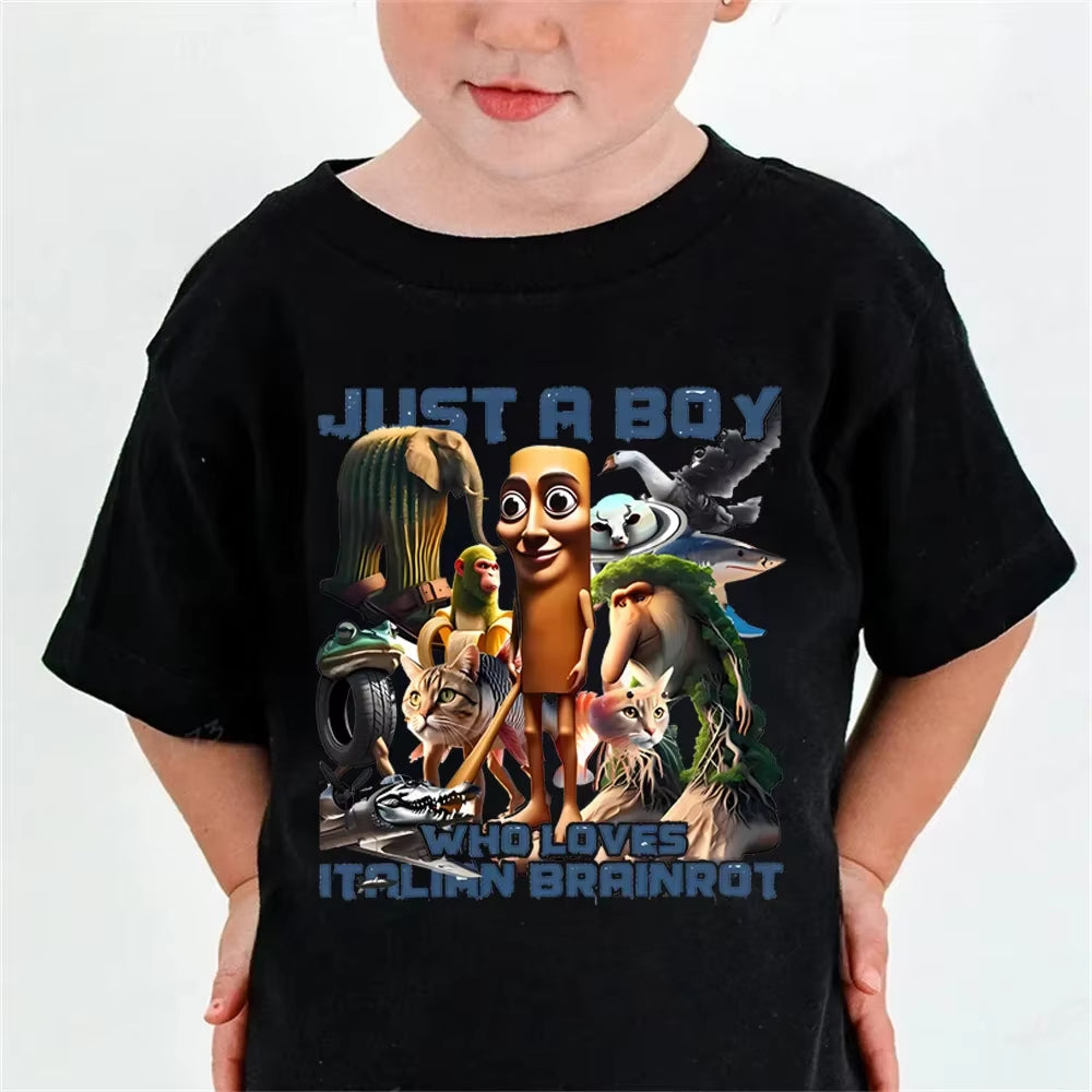Italian Brainrot Cotton Meme Tung Tung Tung Sahur Short Sleevet Shirt Kids Funny Meme Cute Tee Summer Clothing