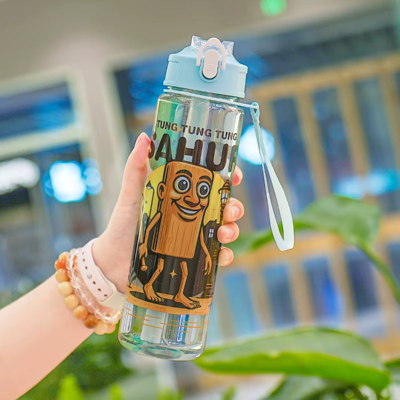 Hot Italian Brainrot Water Bottle Tung Tung Tung Sahur Bottle with Straw Outdoor Sports Water Cups Cartoon Drinking Kettle