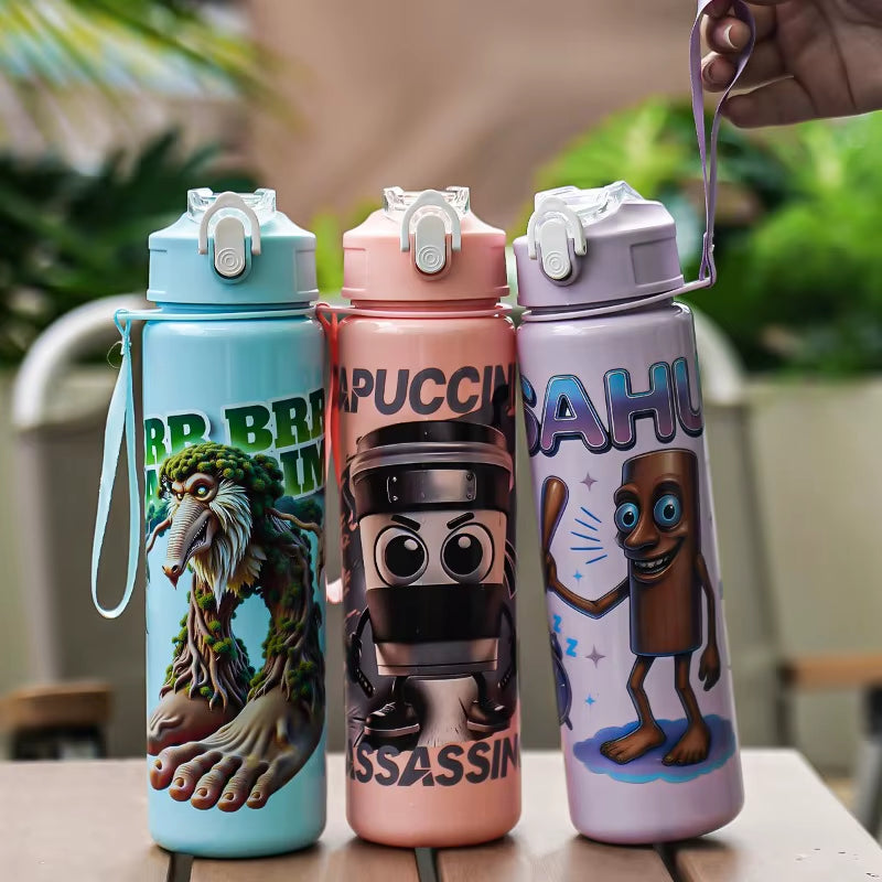 Hot Italian Brainrot Water Bottle Tung Tung Tung Sahur Bottle with Straw Outdoor Sports Water Cups Cartoon Drinking Kettle