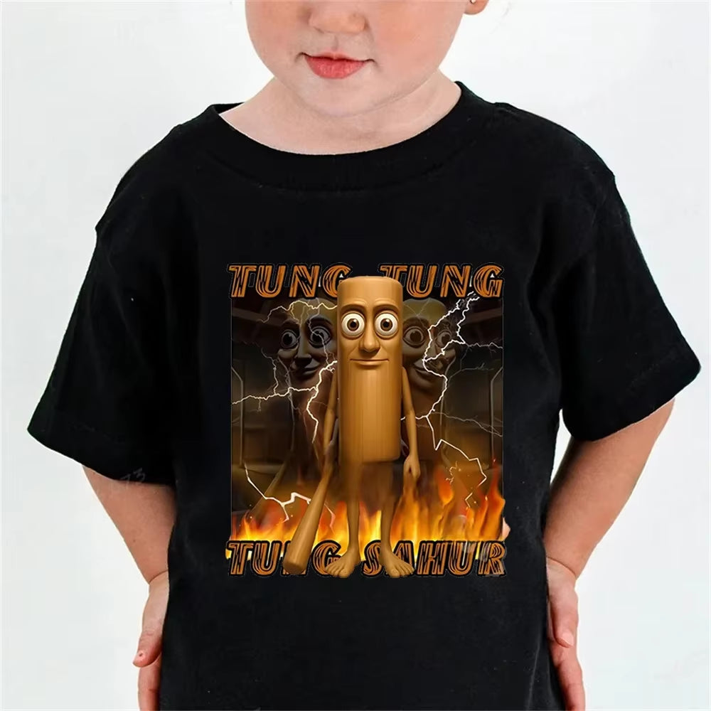 Italian Brainrot Cotton Meme Tung Tung Tung Sahur Short Sleevet Shirt Kids Funny Meme Cute Tee Summer Clothing