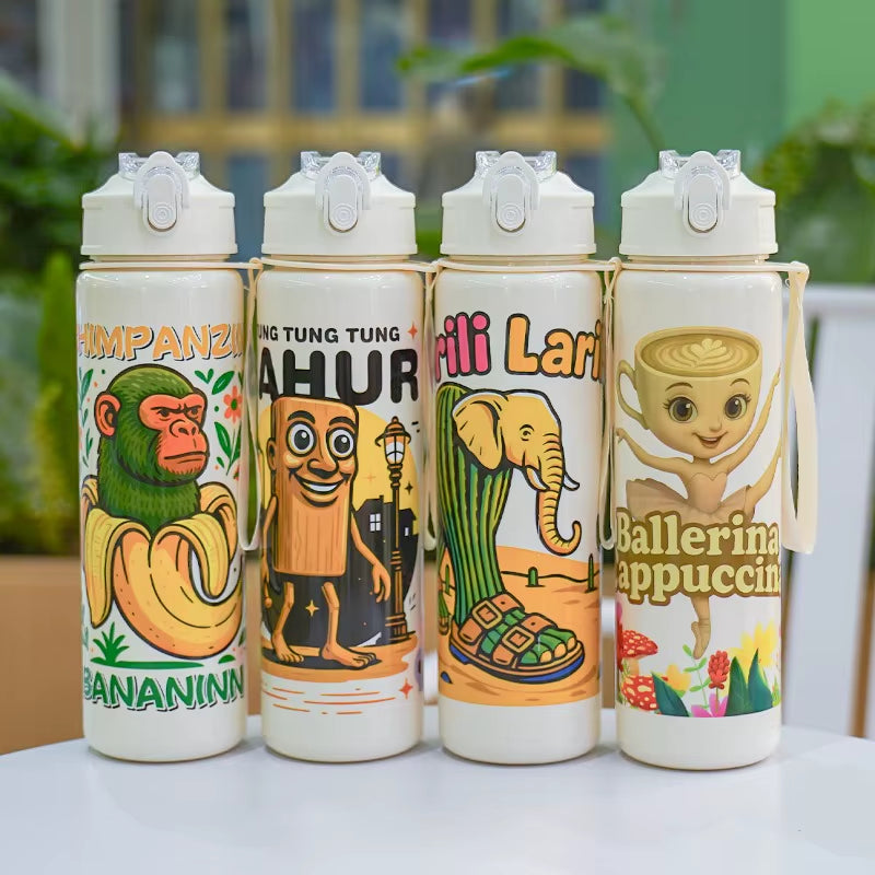 Hot Italian Brainrot Water Bottle Tung Tung Tung Sahur Bottle with Straw Outdoor Sports Water Cups Cartoon Drinking Kettle